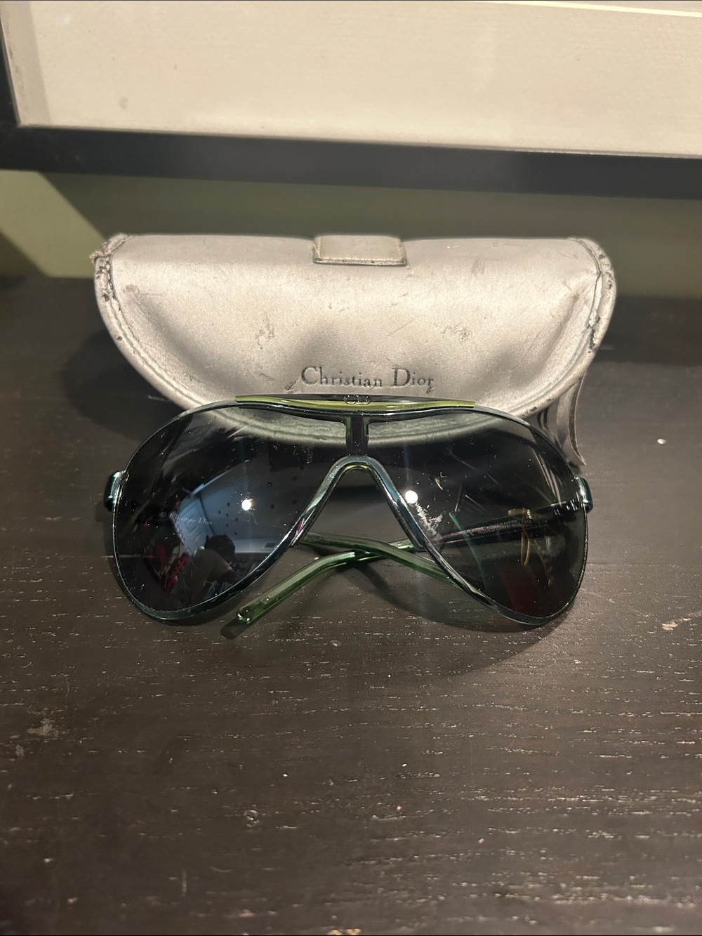 Dior Glossy Green Shield Sunglasses with Dark Lenses